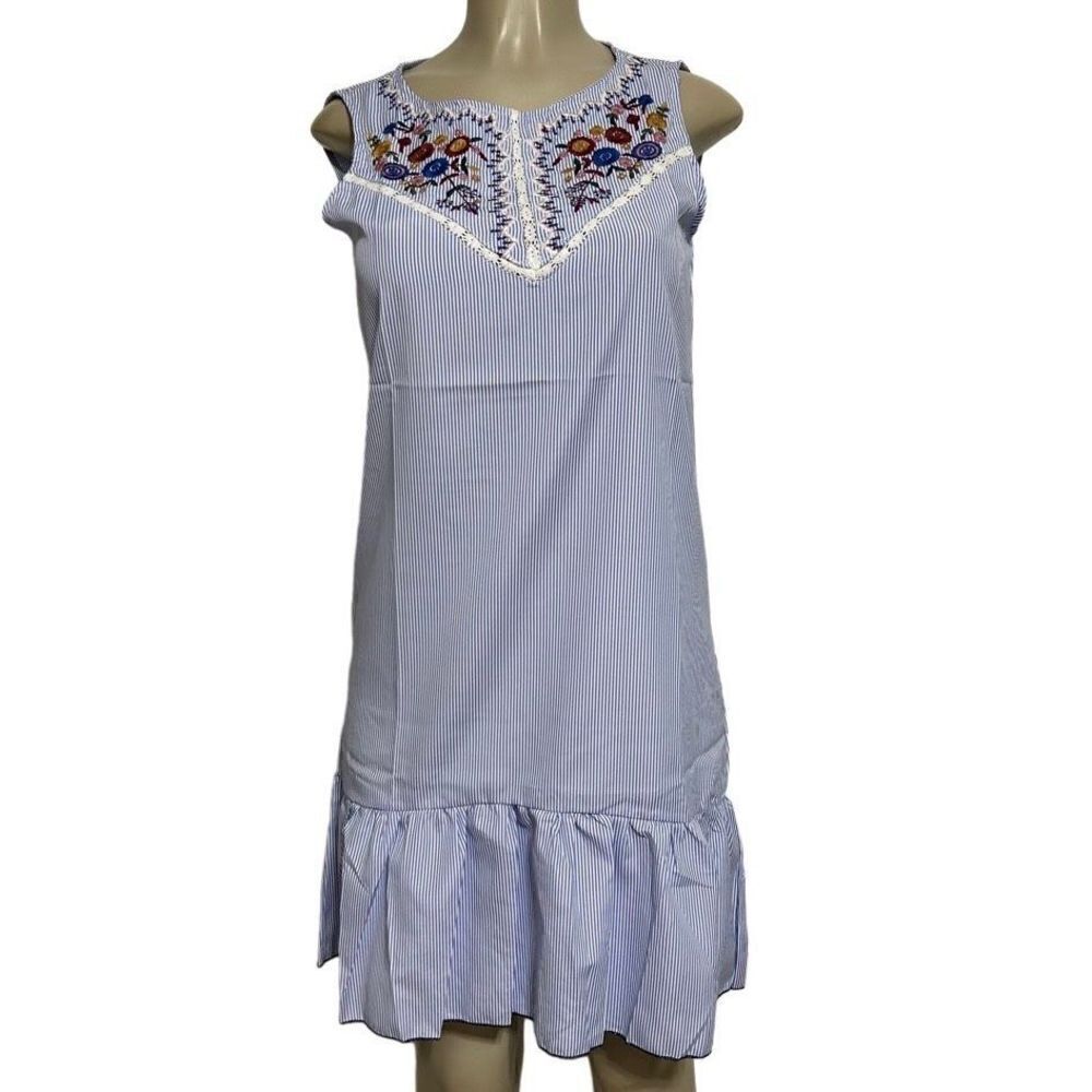 Be You Tiful Shift Dress Women’s Medium Blue & White Striped Embroidered Floral
